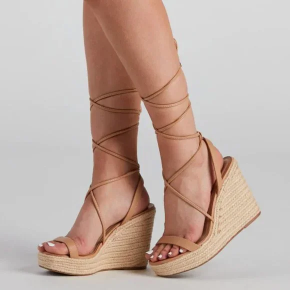 NEW Lace-Up Ankle Wrap Faux Leather Straps Espadrille Wedge Sandals Natural Nude - Picture 10 of 10